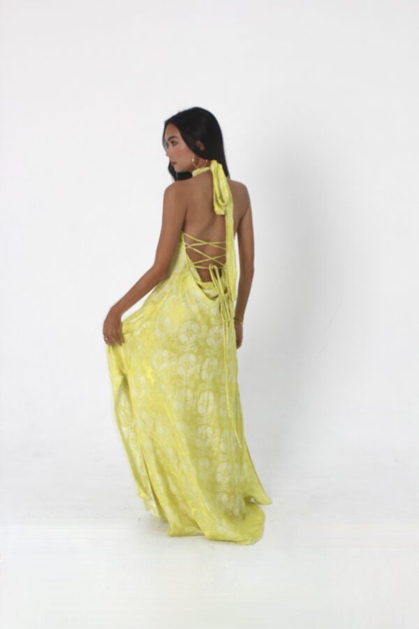 irina halter silk dress lermon yellow back