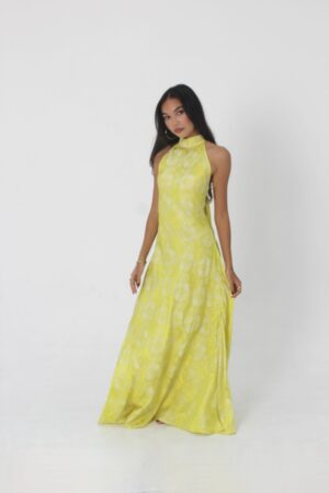 irina halter silk dress lermon yellow front