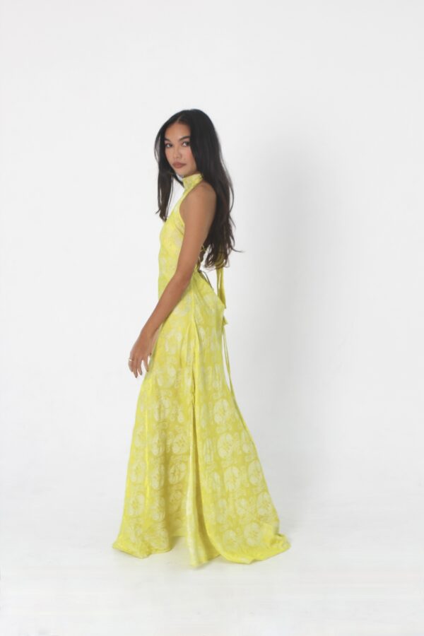 irina halter silk dress lermon yellow side