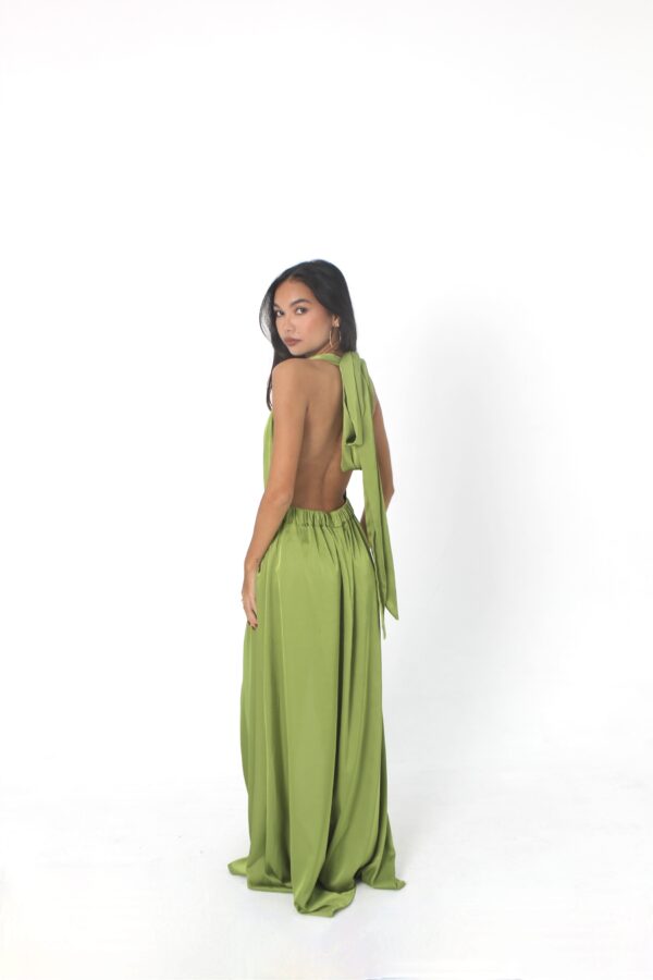 irina halter silk dress olive back