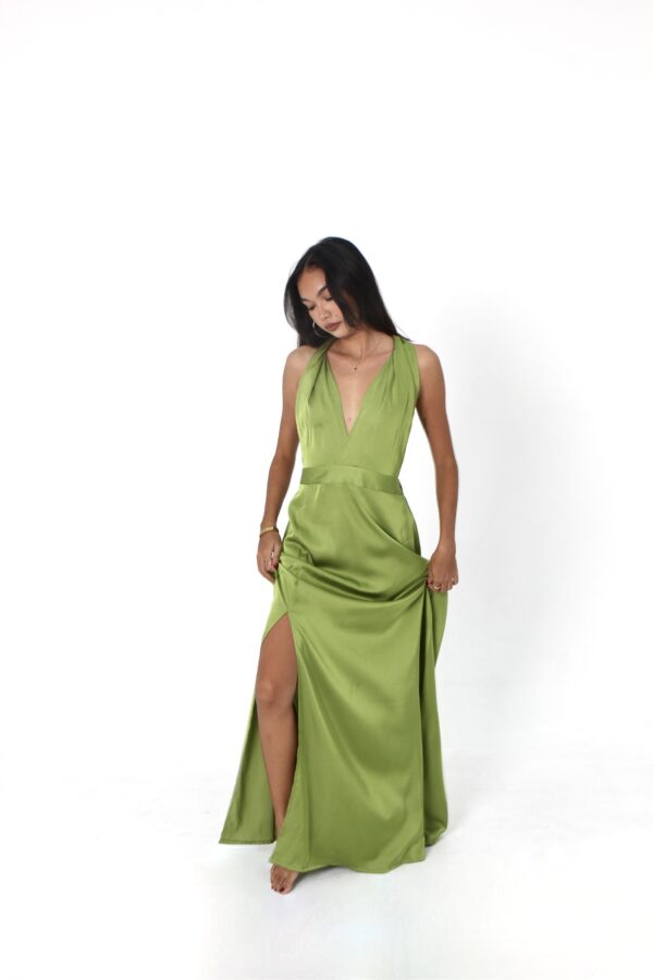 irina halter silk dress olive front