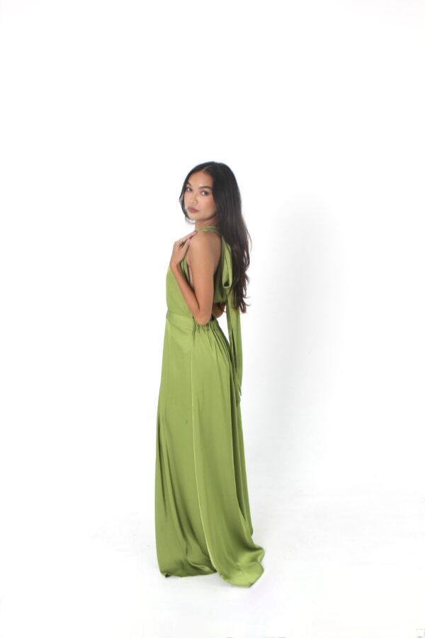 irina halter silk dress olive side