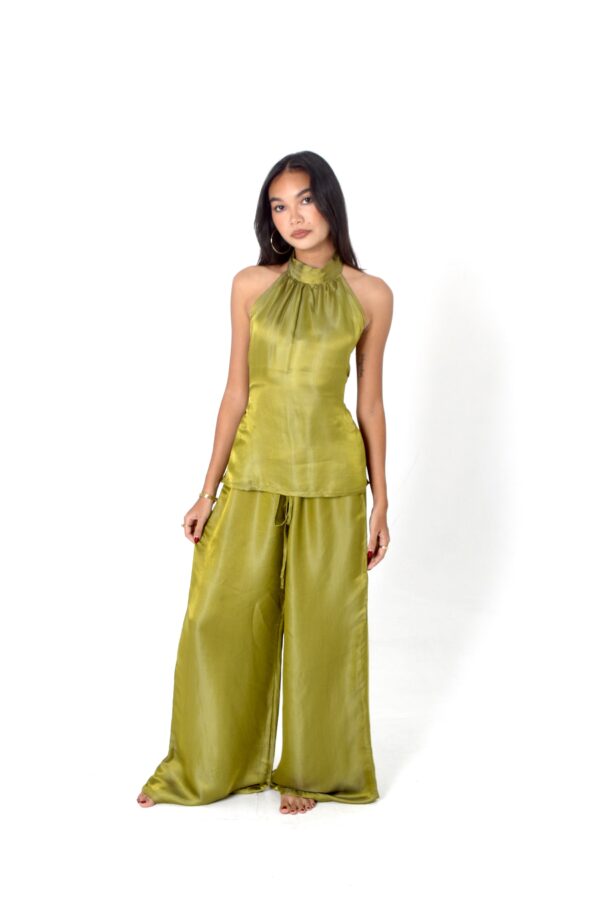 irina halter silk set olive front